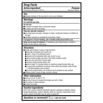 Lumify ®️Preservative Free Bausch + Lomb • Oogdruppels Tegen Hooikoorts Ogen, Rode Ogen & Geïrriteerde Ogen • 20 st